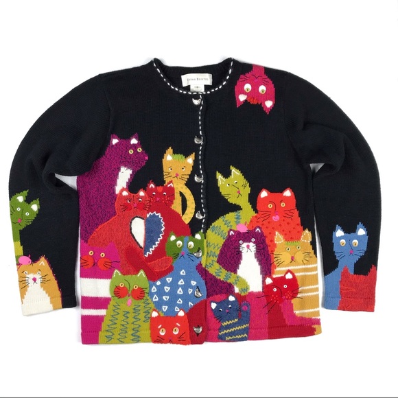 Susan Bristol Sweaters - Colorful Kitty Cat Cardigan Sweater
